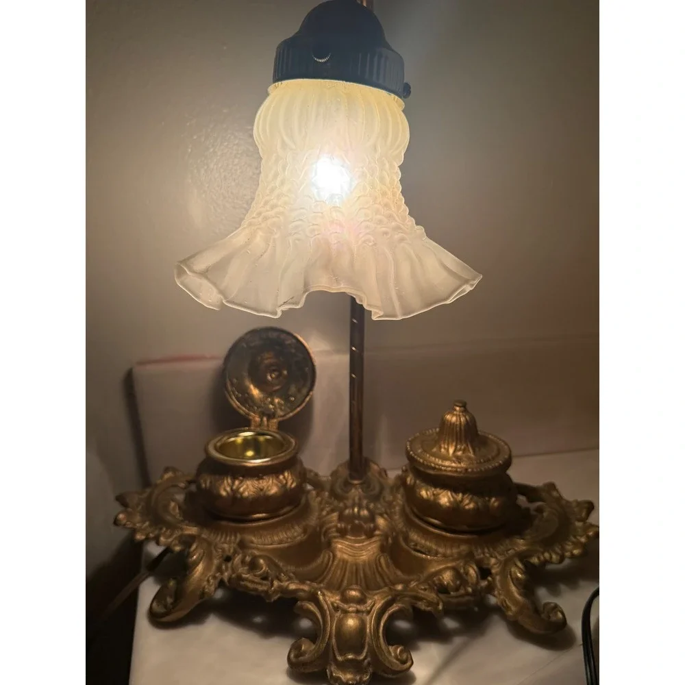 Vintage Brite Metal Ornate Brass Desk Lamp with Dual Inkwell Frosted Glass Tulip